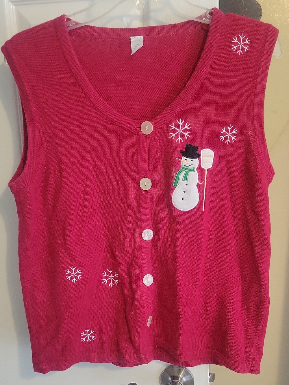 Pink Rami/Cotton Vntg Snowman Button-Front Holiday Vest